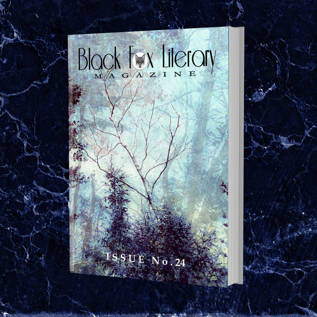 Blue Marble Background with image of Black Fox Literary Magazine Issue #24 which contains bluish forest and bare branches